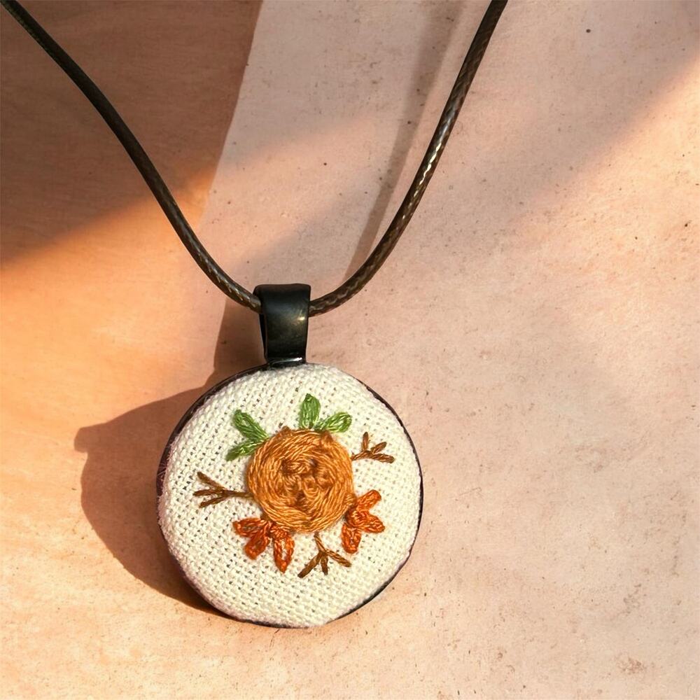 Handmade Orange Rose Embroidered Charm Necklace